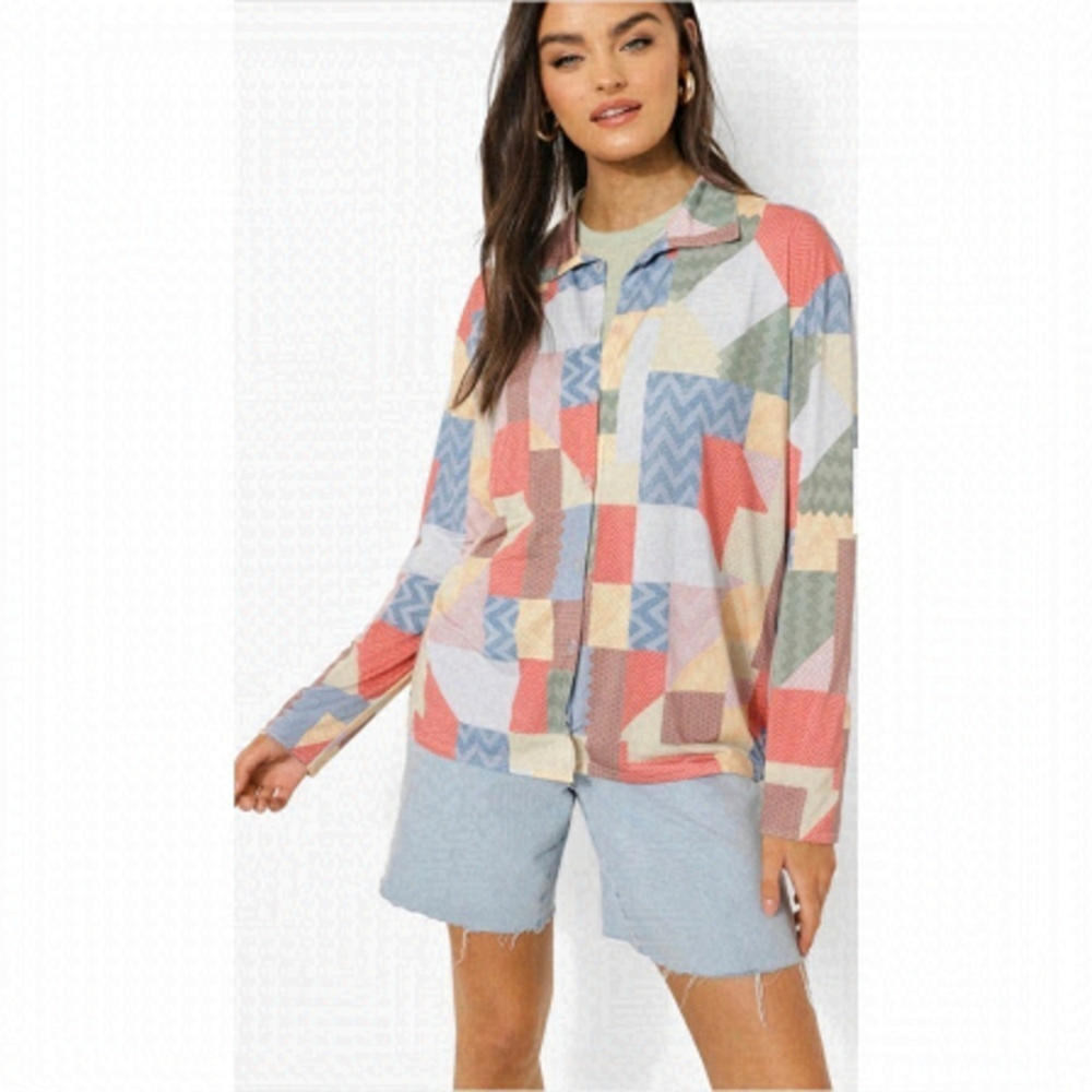 New!  Boohoo 70’s Retro Multi Block Patchwork Oversized Shirt Size 6
